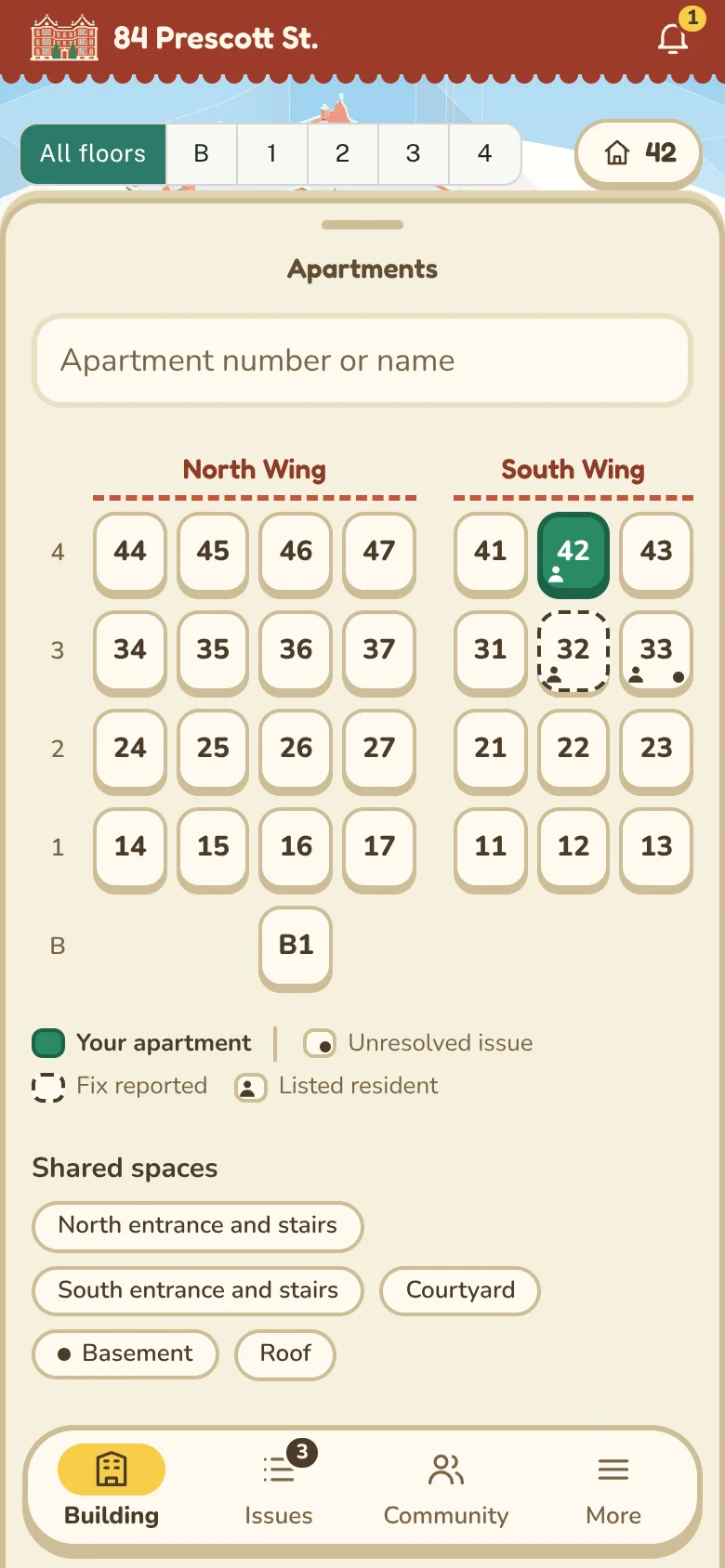 The Apartments sheet: a search field, both wings' apartments as a grid, apartment 42 marked as yours, 32 with a dashed edge for a fix reported, 33 with a dot for an unresolved issue and figures for listed residents, then a key and the shared spaces.