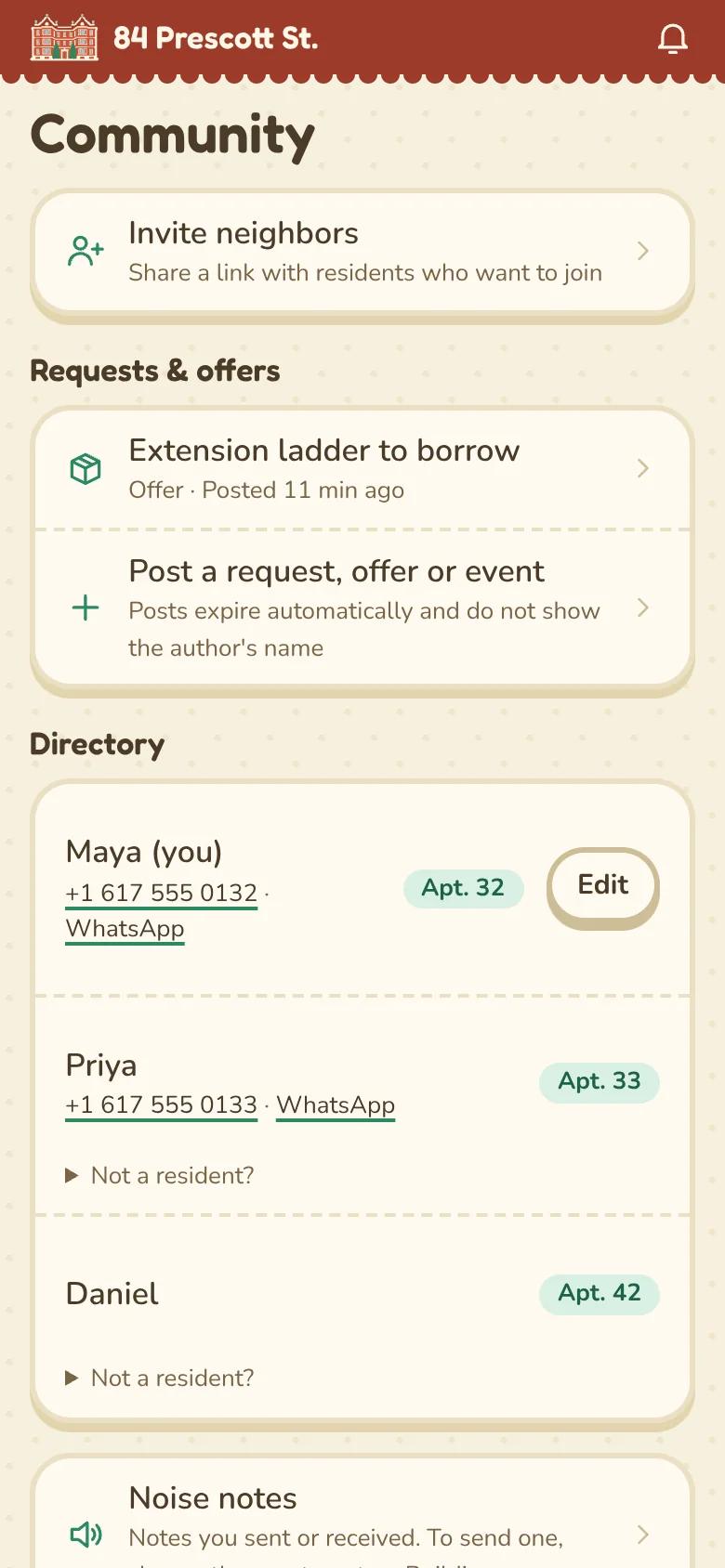 The Community tab: Invite neighbors; Requests & offers with Extension ladder to borrow, Offer, posted 11 minutes ago; the Directory with Maya (you) and Priya listed with 555 phone numbers and WhatsApp links, Daniel listed with his apartment only; Noise notes.
