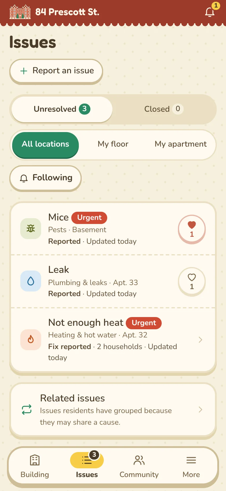 The Issues list: Unresolved 3 and Closed 0, filters for All locations, My floor and My apartment, then three rows: Mice, Pests, Basement, Urgent; Leak, Plumbing & leaks, Apt. 33; Not enough heat, Heating & hot water, Apt. 32, Urgent, Fix reported, 2 households. A Related issues row follows.