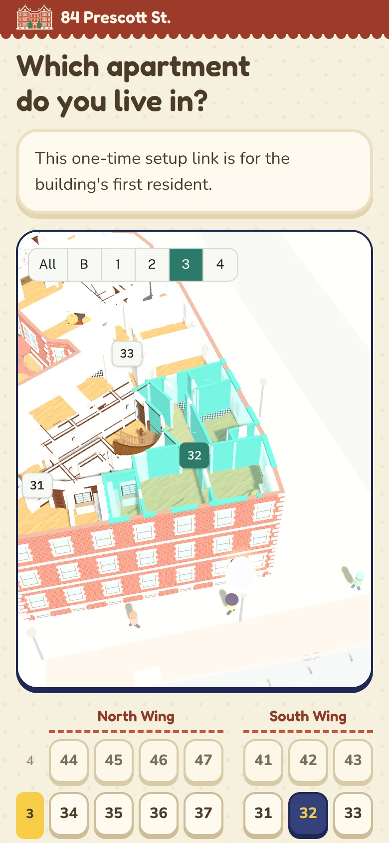 The join screen: the heading Which apartment do you live in?, a note that this one-time setup link is for the building's first resident, the 3D model cut open at the third floor with apartment 32 highlighted, and a grid of both wings' apartments below.