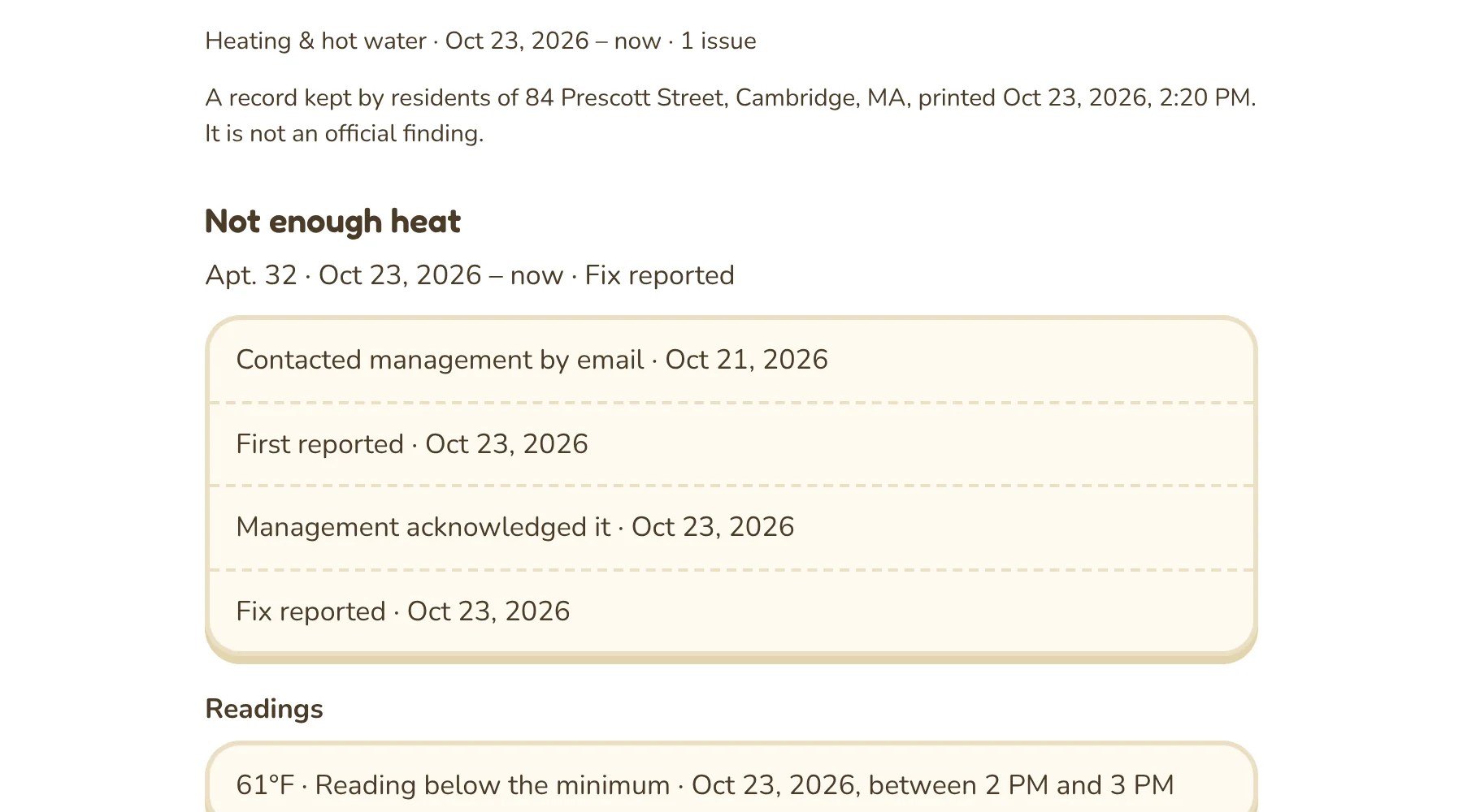 A printed page: Heating & hot water, Oct 23 2026 to now, 1 issue. A record kept by residents of 84 Prescott Street, Cambridge, MA, printed Oct 23 2026. It is not an official finding. Then Not enough heat, Apt. 32, with four dated entries from Contacted management by email to Fix reported, and under Readings, 61°F, reading below the minimum.