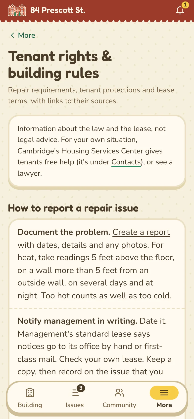 Tenant rights & building rules: a note that this is information about the law and the lease, not legal advice, naming Cambridge's Housing Services Center; then How to report a repair issue as numbered steps: document the problem with readings five feet above the floor; notify management in writing.