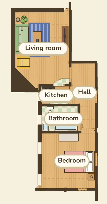 The same apartment drawn straight down from above as a plan: living room, kitchen, hall, bathroom and bedroom labelled, each with its floor finish and furniture.