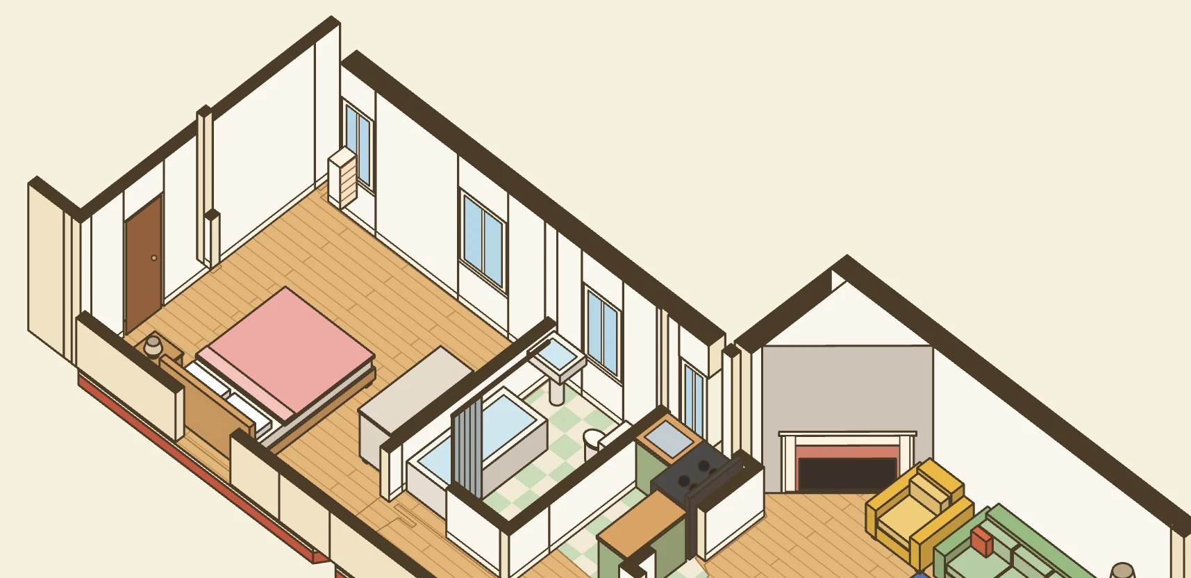 The planner focused on apartment 27's bedroom: a queen bed against the wall with a nightstand and lamp at its head, a dresser along the far wall, maple floor and white walls, three windows; the bathroom, kitchen and living room beyond.