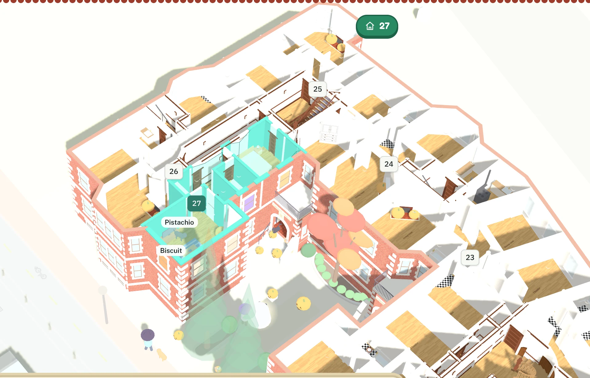 The building model cut open at the second floor: apartment 27 is lit in teal among its neighbours' empty rooms, and inside it the sofa, rug, bed and plants from the planner are drawn in the model's shaded style, with labels Biscuit and Pistachio where the two pets sit.