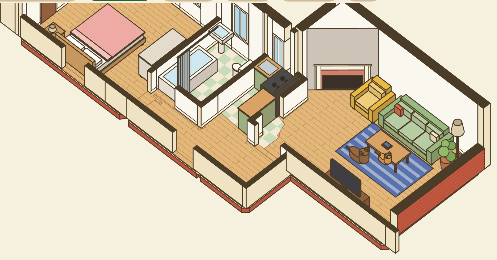 A close-up of the room planner's drawing of apartment 27 with the living room in front: maple floor, white walls, a green sofa against the long wall with a striped rug and a coffee table before it, a TV stand facing it, a yellow armchair by the fireplace, a lamp and a plant; the hall, the tiled kitchen and bathroom, and the bedroom behind.