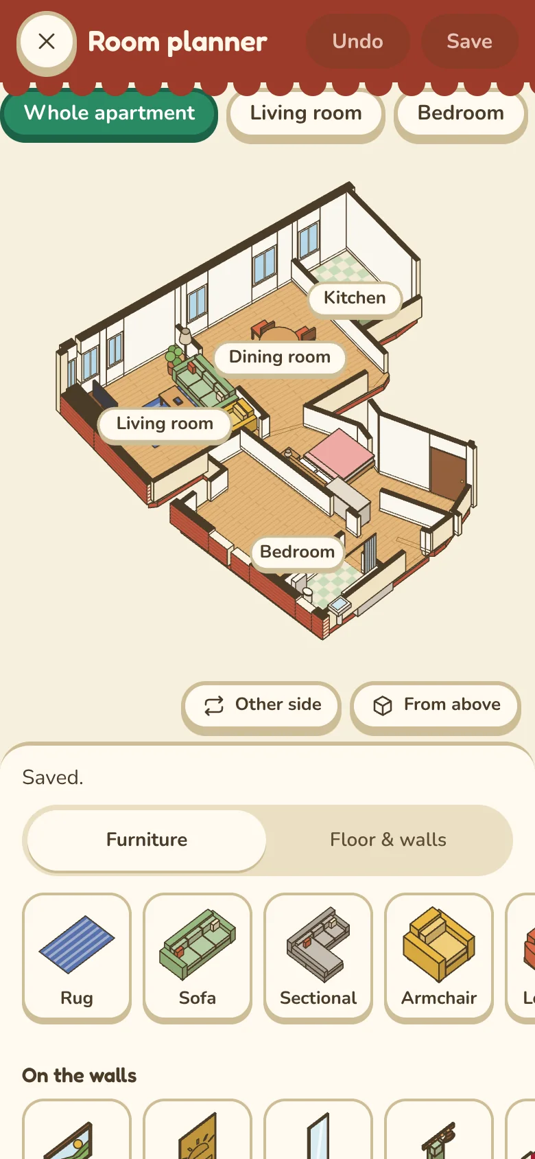 The Room planner: apartment 32 as a small 3D model with Living room, Dining room, Kitchen and Bedroom labelled and furniture placed; buttons for Other side and From above; the word Saved; a catalogue row of Rug, Sofa, Sectional, Armchair.