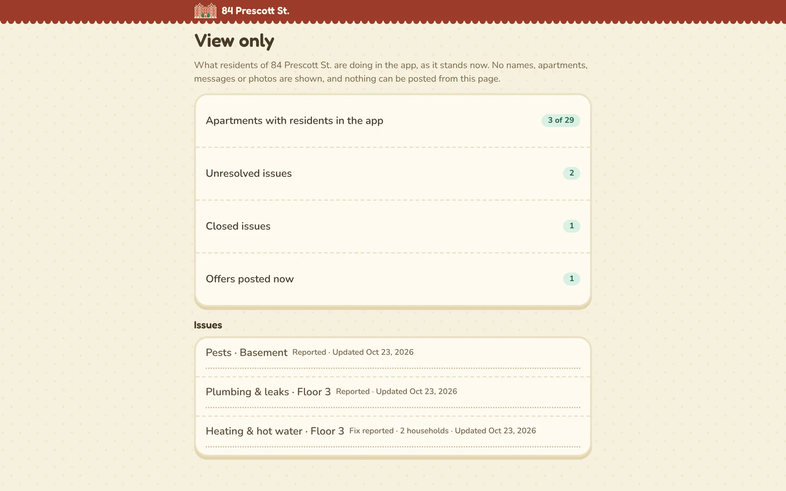 The view-only page on a desktop: What residents of 84 Prescott St. are doing in the app, as it stands now. Apartments with residents in the app 3 of 29, Unresolved issues 2, Closed issues 1, Offers posted now 1, then an issue list by category and floor.